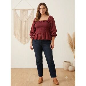 Romantic Gypsy Smocked Tiered Boho Blouse Peasant Sz 4X Burgundy Gold Stripe NWT